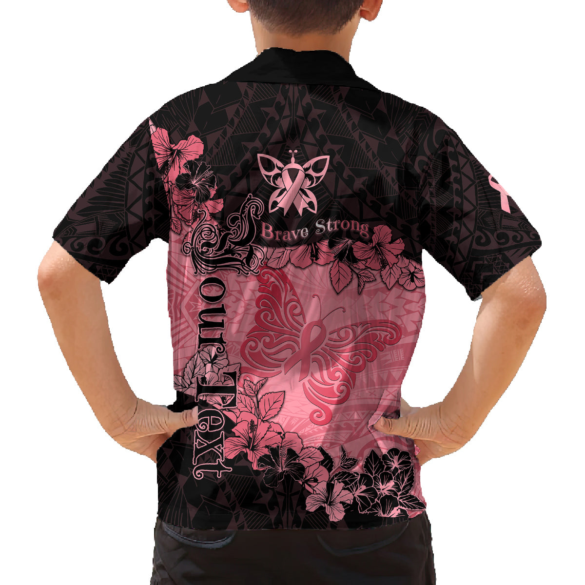 Personalized Breast Cancer Kid Hawaiian Shirt Survivor Polynesian Ribbon Butterfly LT05 - Polynesian Pride