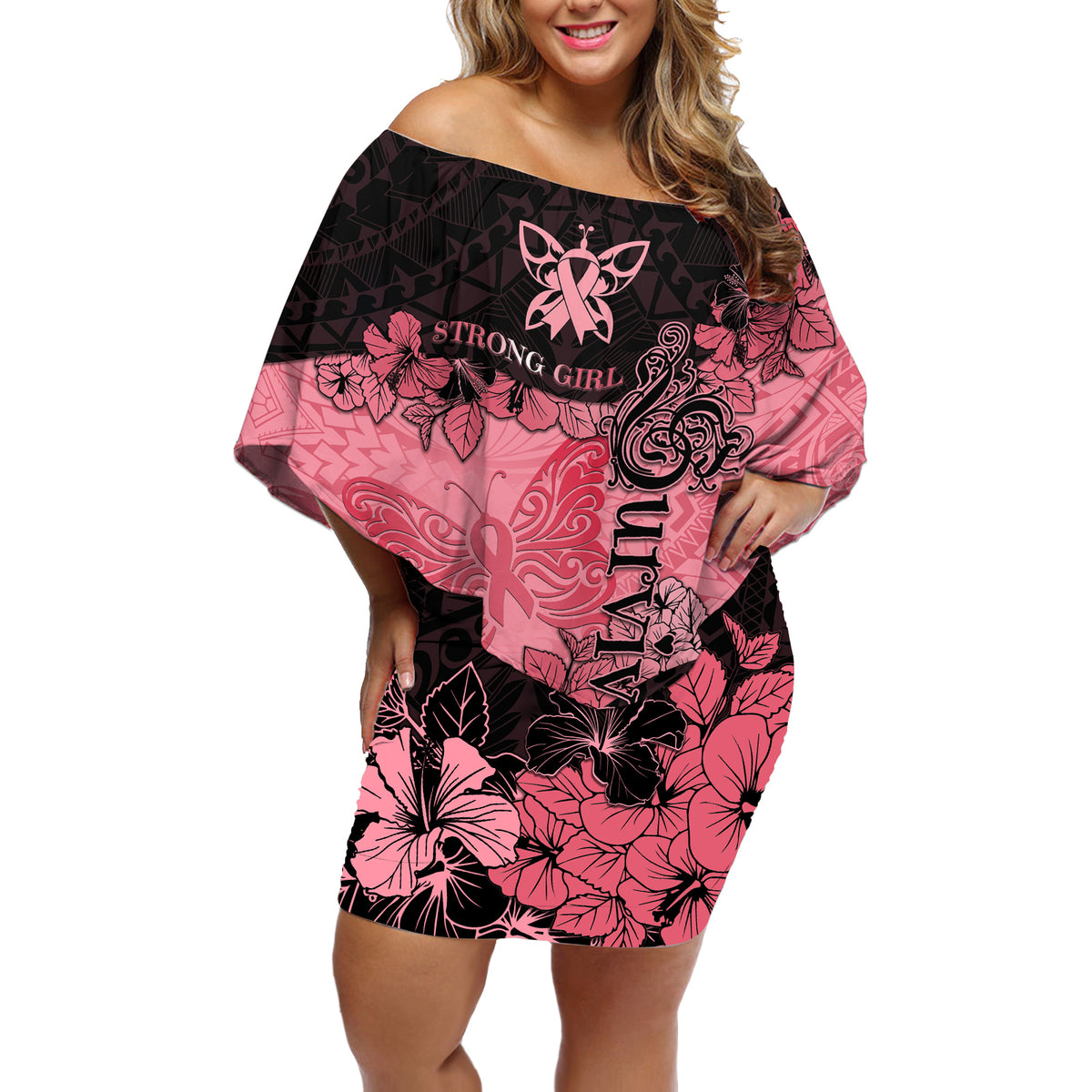 Personalized Breast Cancer Off Shoulder Short Dress Survivor Polynesian Ribbon Butterfly LT05 Women Pink - Polynesian Pride