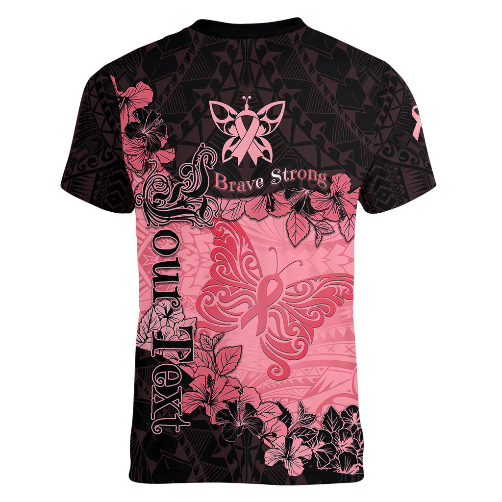 Personalized Breast Cancer Women V Neck T Shirt Survivor Polynesian Ribbon Butterfly LT05 - Polynesian Pride