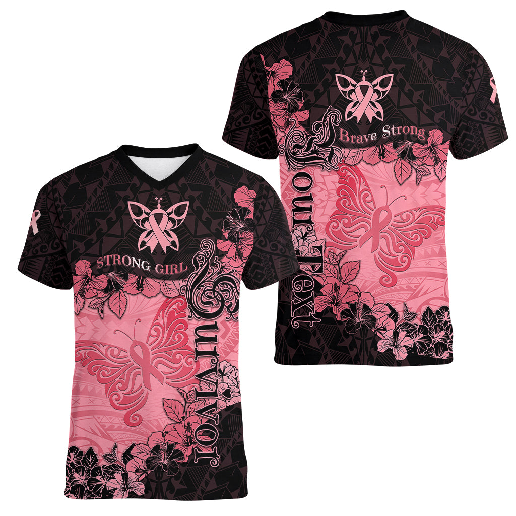 Personalized Breast Cancer Women V Neck T Shirt Survivor Polynesian Ribbon Butterfly LT05 - Polynesian Pride