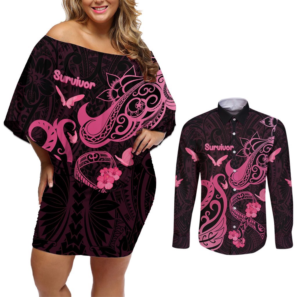 Breast Cancer Awareness Couples Matching Off Shoulder Short Dress and Long Sleeve Button Shirts Ribbon Polynesian Pattern Black Version LT05 Black - Polynesian Pride
