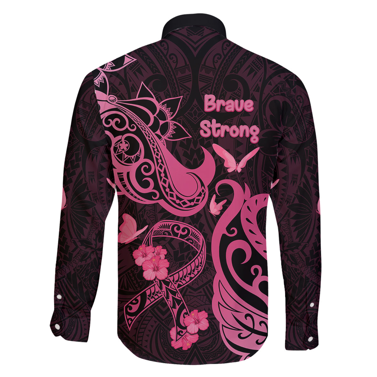 Breast Cancer Awareness Family Matching Off Shoulder Maxi Dress and Hawaiian Shirt Ribbon Polynesian Pattern Black Version LT05 - Polynesian Pride