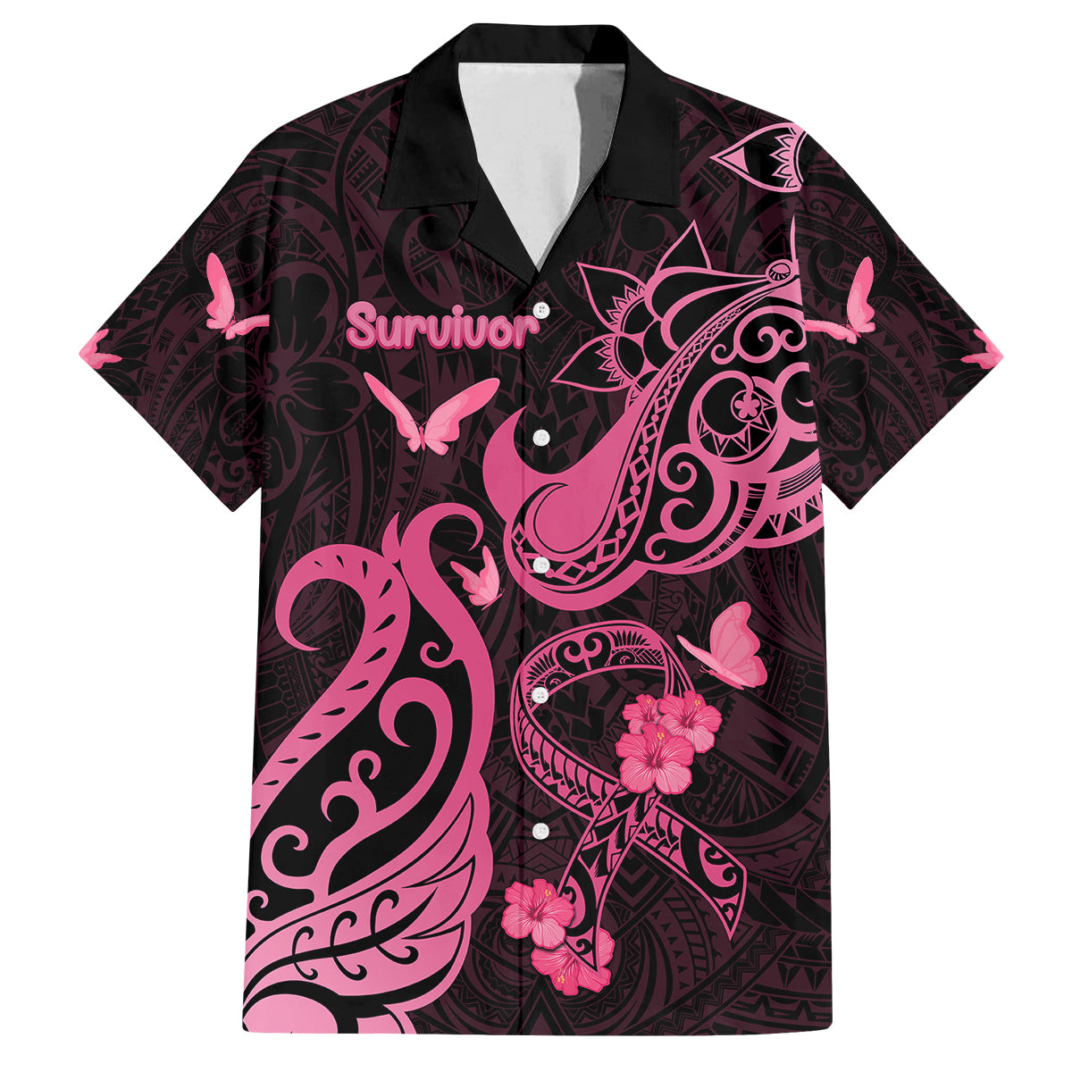 Breast Cancer Awareness Family Matching Off Shoulder Short Dress and Hawaiian Shirt Ribbon Polynesian Pattern Black Version LT05 Dad's Shirt - Short Sleeve Black - Polynesian Pride