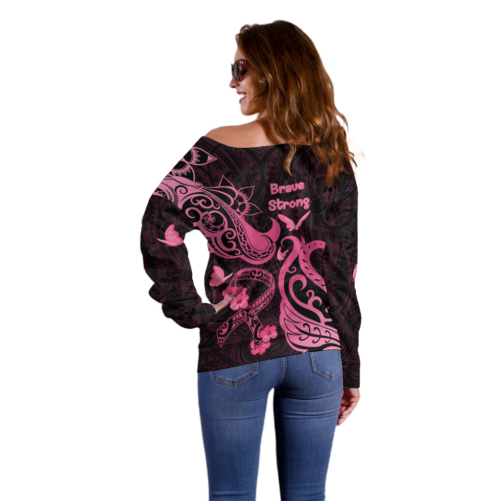Breast Cancer Awareness Off Shoulder Sweater Ribbon Polynesian Pattern Black Version LT05 - Polynesian Pride
