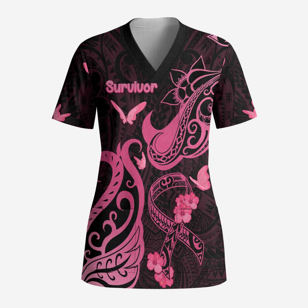 Breast Cancer Awareness Scrub Top Ribbon Polynesian Pattern Black Version - Polynesian Pride