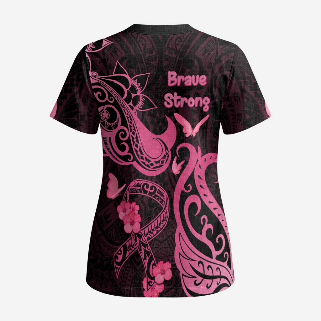 Breast Cancer Awareness Scrub Top Ribbon Polynesian Pattern Black Version - Polynesian Pride