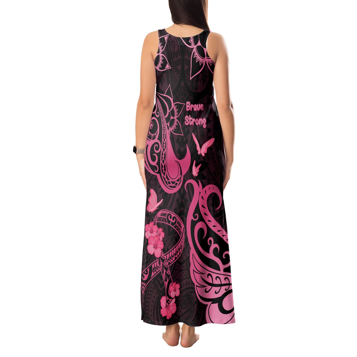 Breast Cancer Awareness Tank Maxi Dress Ribbon Polynesian Pattern Black Version LT05 - Polynesian Pride