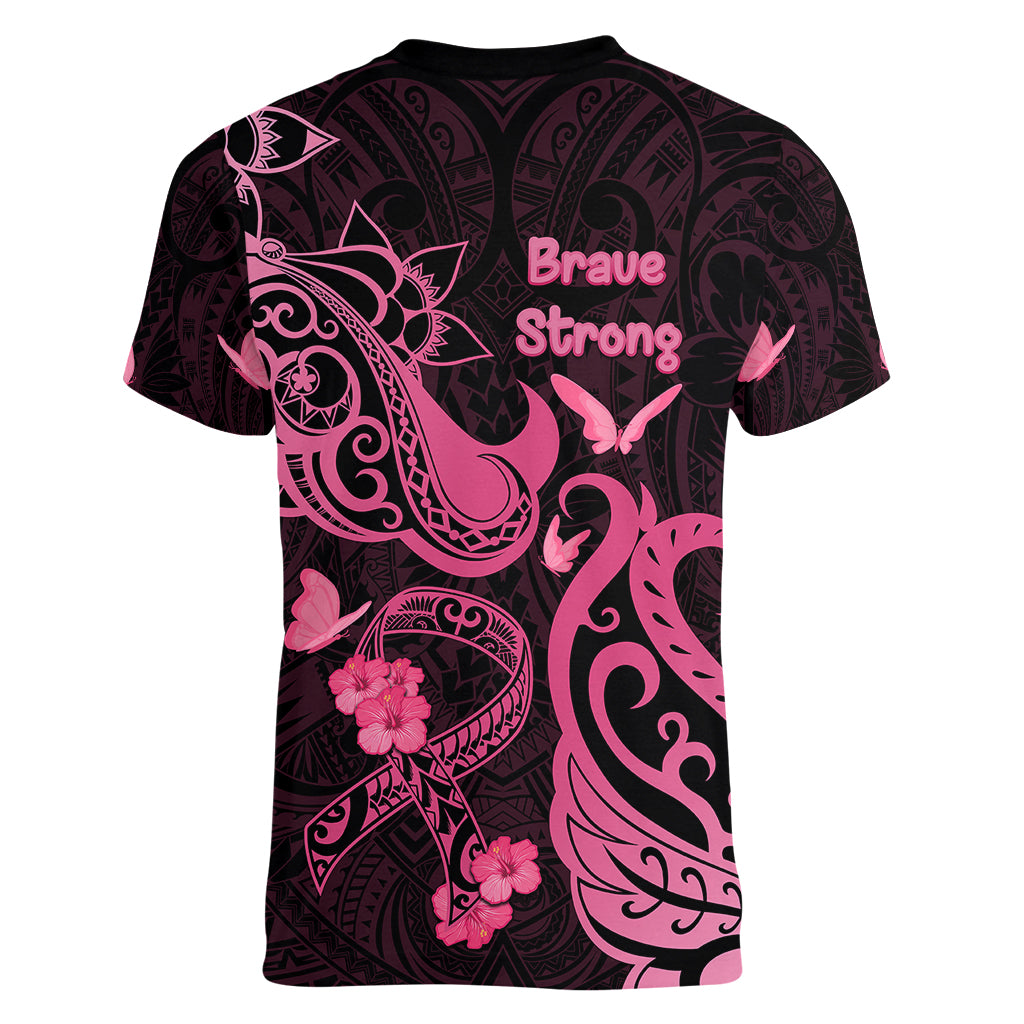 Breast Cancer Awareness Women V Neck T Shirt Ribbon Polynesian Pattern Black Version LT05 - Polynesian Pride