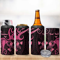 Personalised Breast Cancer Awareness 4 in 1 Can Cooler Tumbler Ribbon Polynesian Pattern Black Version