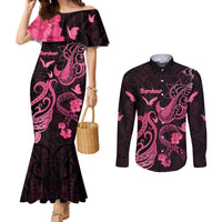 Personalized Breast Cancer Awareness Couples Matching Mermaid Dress and Long Sleeve Button Shirts Ribbon Polynesian Pattern Black Version LT05 Black - Polynesian Pride