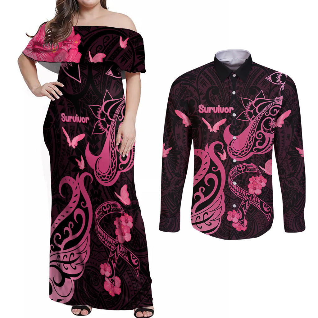 Personalized Breast Cancer Awareness Couples Matching Off Shoulder Maxi Dress and Long Sleeve Button Shirts Ribbon Polynesian Pattern Black Version LT05 Black - Polynesian Pride