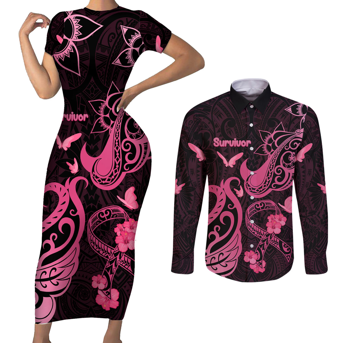 Personalized Breast Cancer Awareness Couples Matching Short Sleeve Bodycon Dress and Long Sleeve Button Shirts Ribbon Polynesian Pattern Black Version LT05 Black - Polynesian Pride