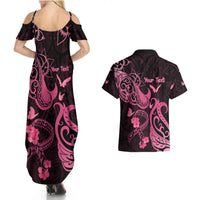 Personalized Breast Cancer Awareness Couples Matching Summer Maxi Dress and Hawaiian Shirt Ribbon Polynesian Pattern Black Version LT05 - Polynesian Pride