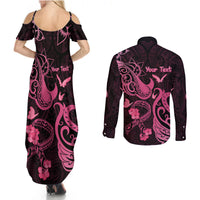 Personalized Breast Cancer Awareness Couples Matching Summer Maxi Dress and Long Sleeve Button Shirts Ribbon Polynesian Pattern Black Version LT05 - Polynesian Pride