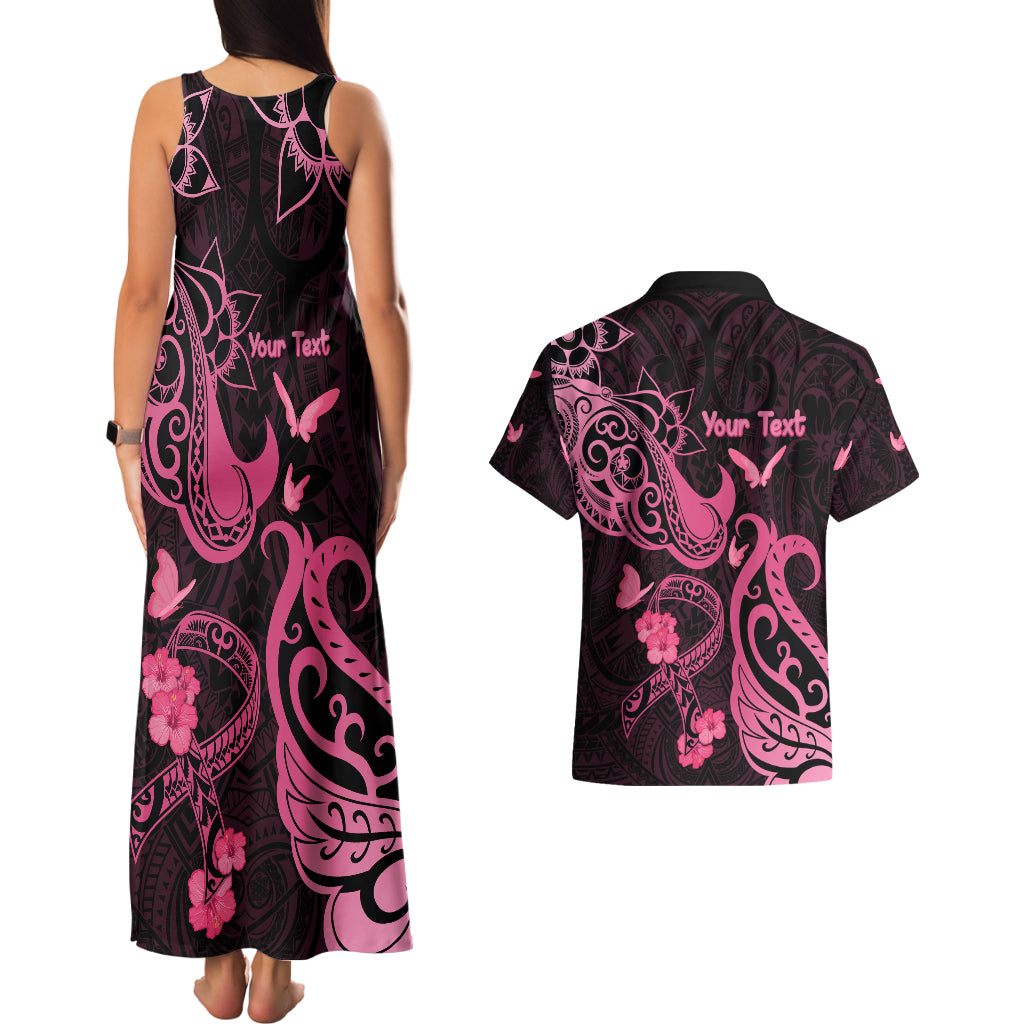 Personalized Breast Cancer Awareness Couples Matching Tank Maxi Dress and Hawaiian Shirt Ribbon Polynesian Pattern Black Version LT05 - Polynesian Pride