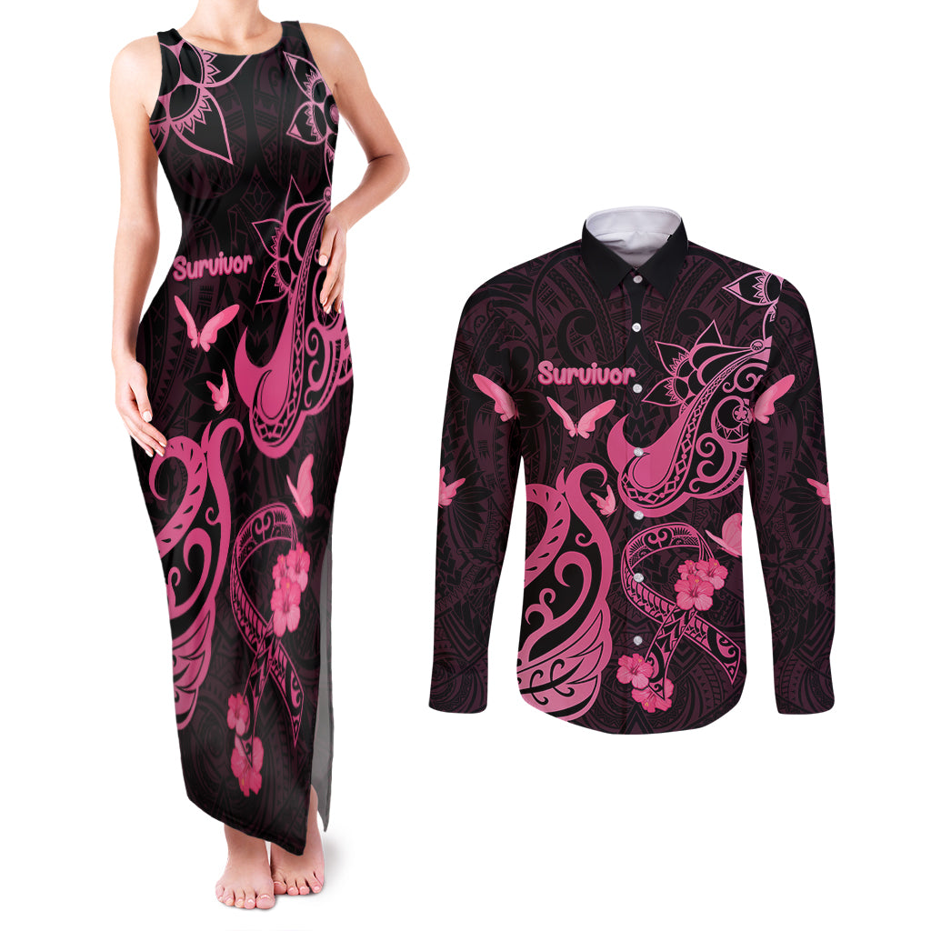 Personalized Breast Cancer Awareness Couples Matching Tank Maxi Dress and Long Sleeve Button Shirts Ribbon Polynesian Pattern Black Version LT05 Black - Polynesian Pride