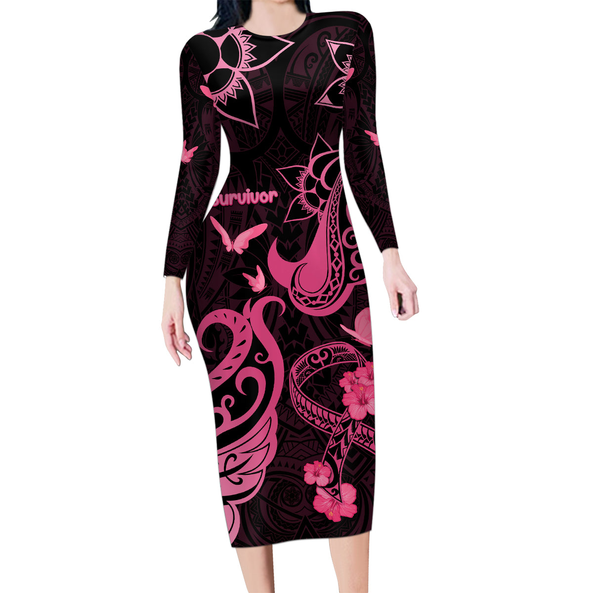 Personalized Breast Cancer Awareness Family Matching Long Sleeve Bodycon Dress and Hawaiian Shirt Ribbon Polynesian Pattern Black Version LT05 Mom's Dress Black - Polynesian Pride