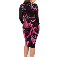 Personalized Breast Cancer Awareness Family Matching Long Sleeve Bodycon Dress and Hawaiian Shirt Ribbon Polynesian Pattern Black Version LT05 - Polynesian Pride
