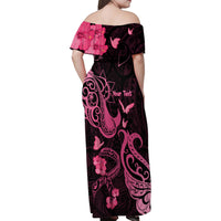 Personalized Breast Cancer Awareness Family Matching Off Shoulder Maxi Dress and Hawaiian Shirt Ribbon Polynesian Pattern Black Version LT05 - Polynesian Pride