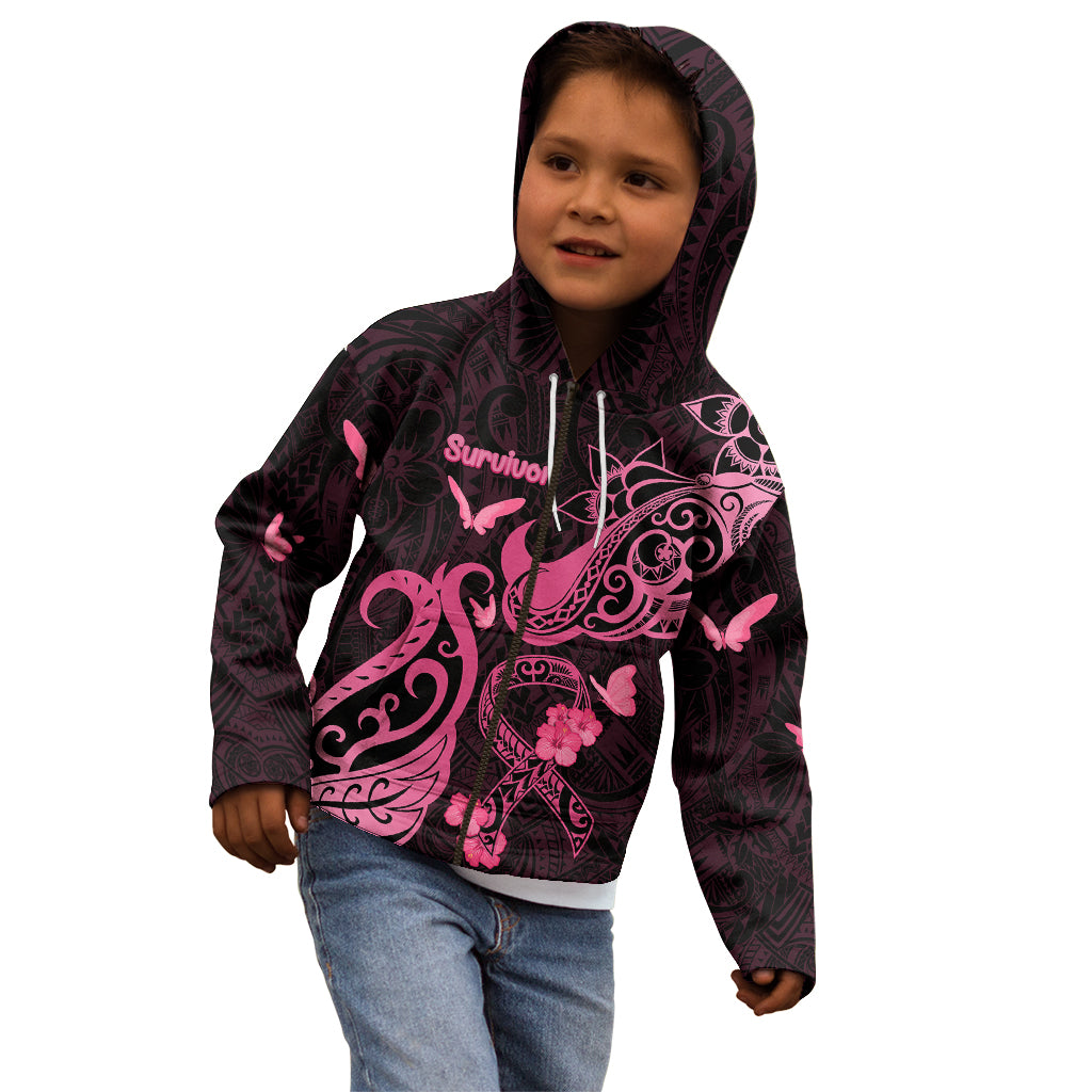 Personalized Breast Cancer Awareness Kid Hoodie Ribbon Polynesian Pattern Black Version LT05 - Polynesian Pride