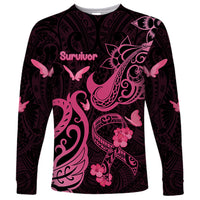Personalized Breast Cancer Awareness Long Sleeve Shirt Ribbon Polynesian Pattern Black Version LT05 Unisex Black - Polynesian Pride