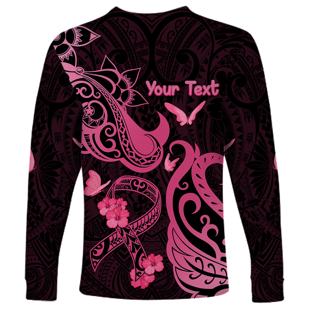 Personalized Breast Cancer Awareness Long Sleeve Shirt Ribbon Polynesian Pattern Black Version LT05 - Polynesian Pride