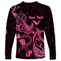 Personalized Breast Cancer Awareness Long Sleeve Shirt Ribbon Polynesian Pattern Black Version LT05 - Polynesian Pride