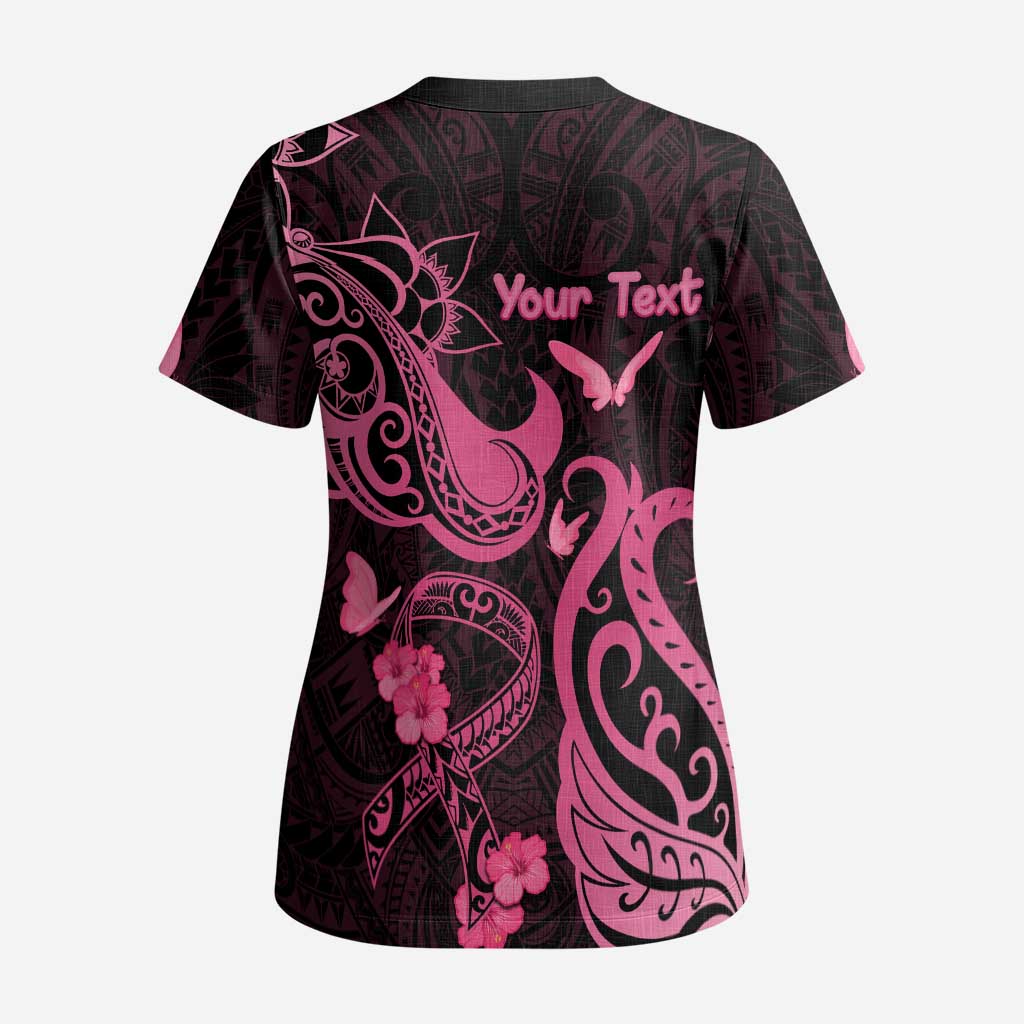 Personalized Breast Cancer Awareness Scrub Top Ribbon Polynesian Pattern Black Version - Polynesian Pride