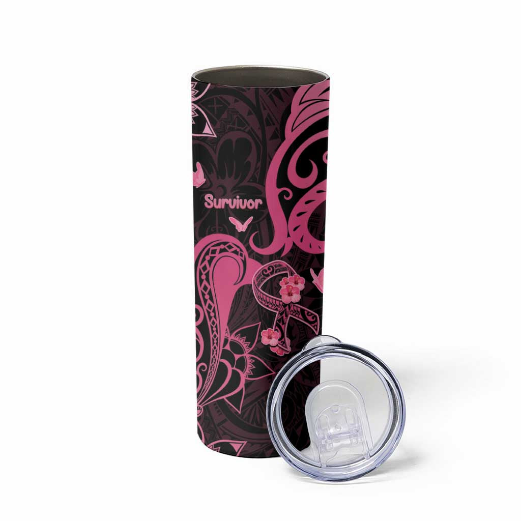 Personalised Breast Cancer Awareness Skinny Tumbler Ribbon Polynesian Pattern Black Version