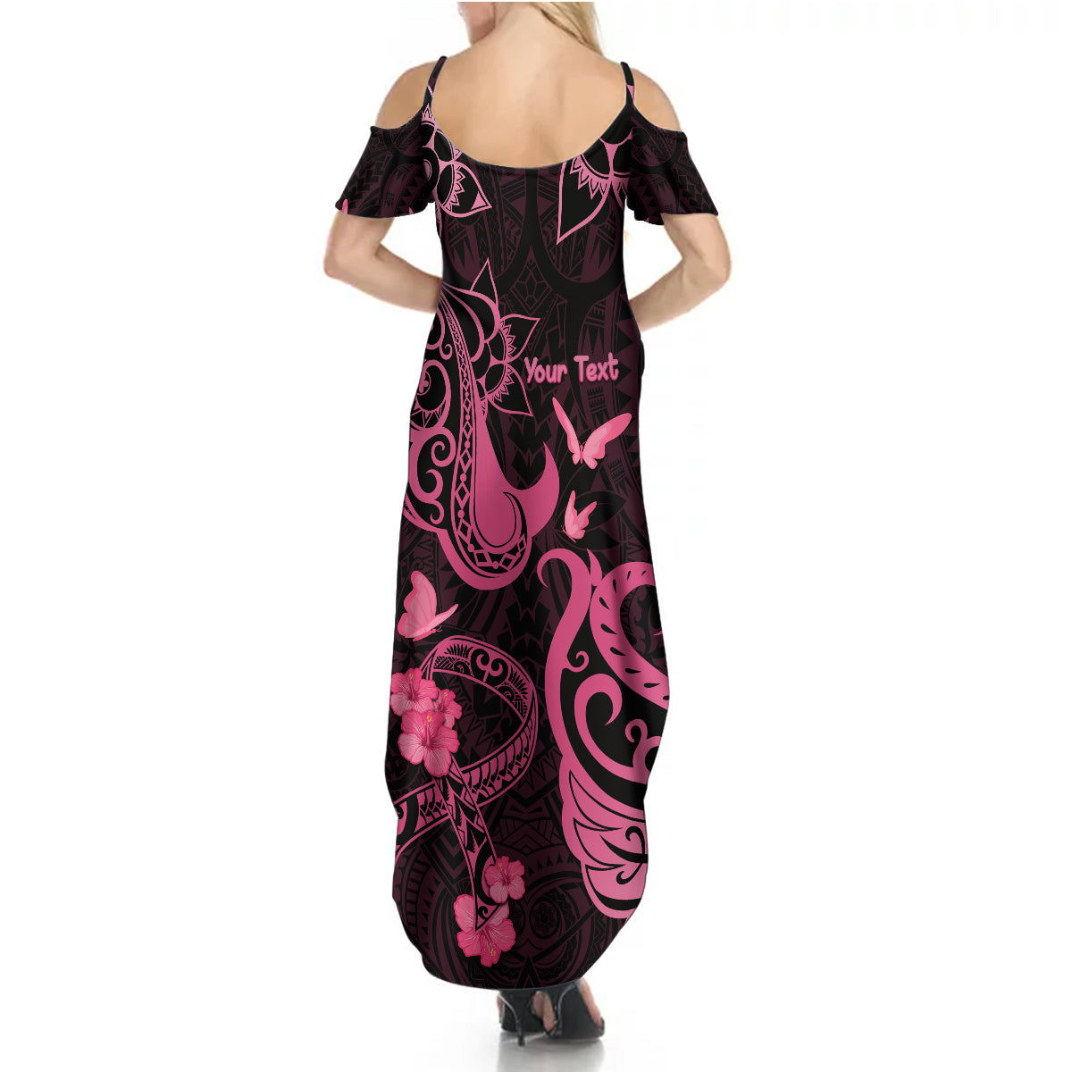 Personalized Breast Cancer Awareness Summer Maxi Dress Ribbon Polynesian Pattern Black Version LT05 - Polynesian Pride