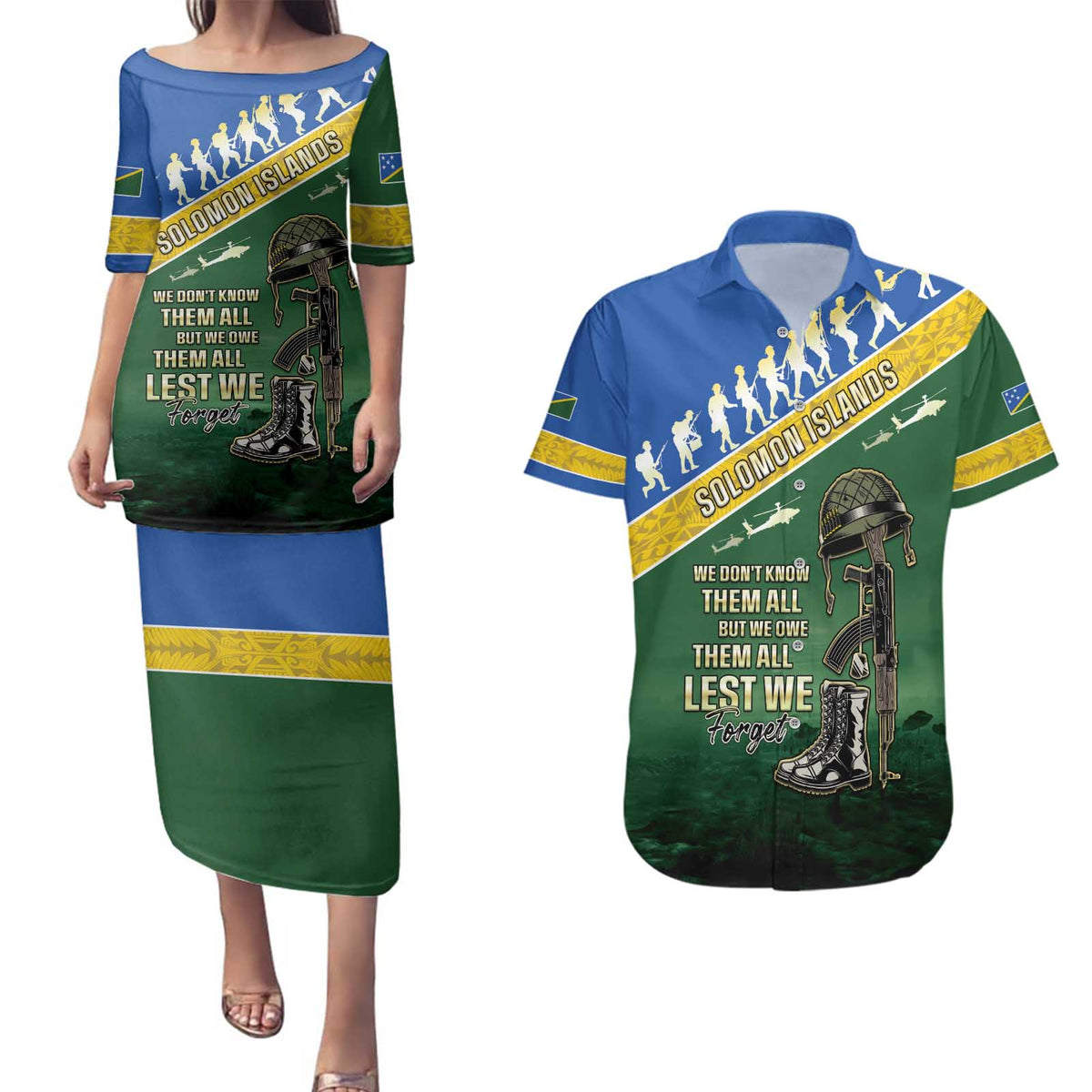 Solomon Islands Remembrance Day Couples Matching Puletasi and Hawaiian Shirt Lest We Forget LT05 Green - Polynesian Pride