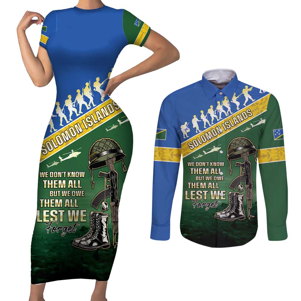 Solomon Islands Remembrance Day Couples Matching Short Sleeve Bodycon Dress and Long Sleeve Button Shirt Lest We Forget LT05 Green - Polynesian Pride