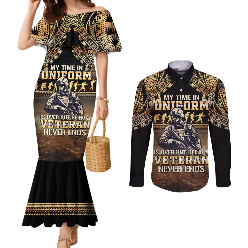 Polynesia Veterans Day Couples Matching Mermaid Dress and Long Sleeve Button Shirt Thank You Veterans Polynesian Pattern
