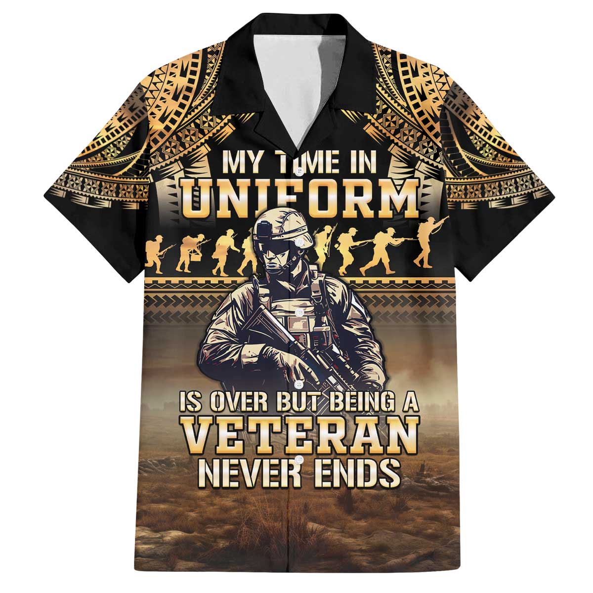 Polynesia Veterans Day Family Matching Off Shoulder Short Dress and Hawaiian Shirt Thank You Veterans Polynesian Pattern LT05 Dad's Shirt - Short Sleeve Gold - Polynesian Pride