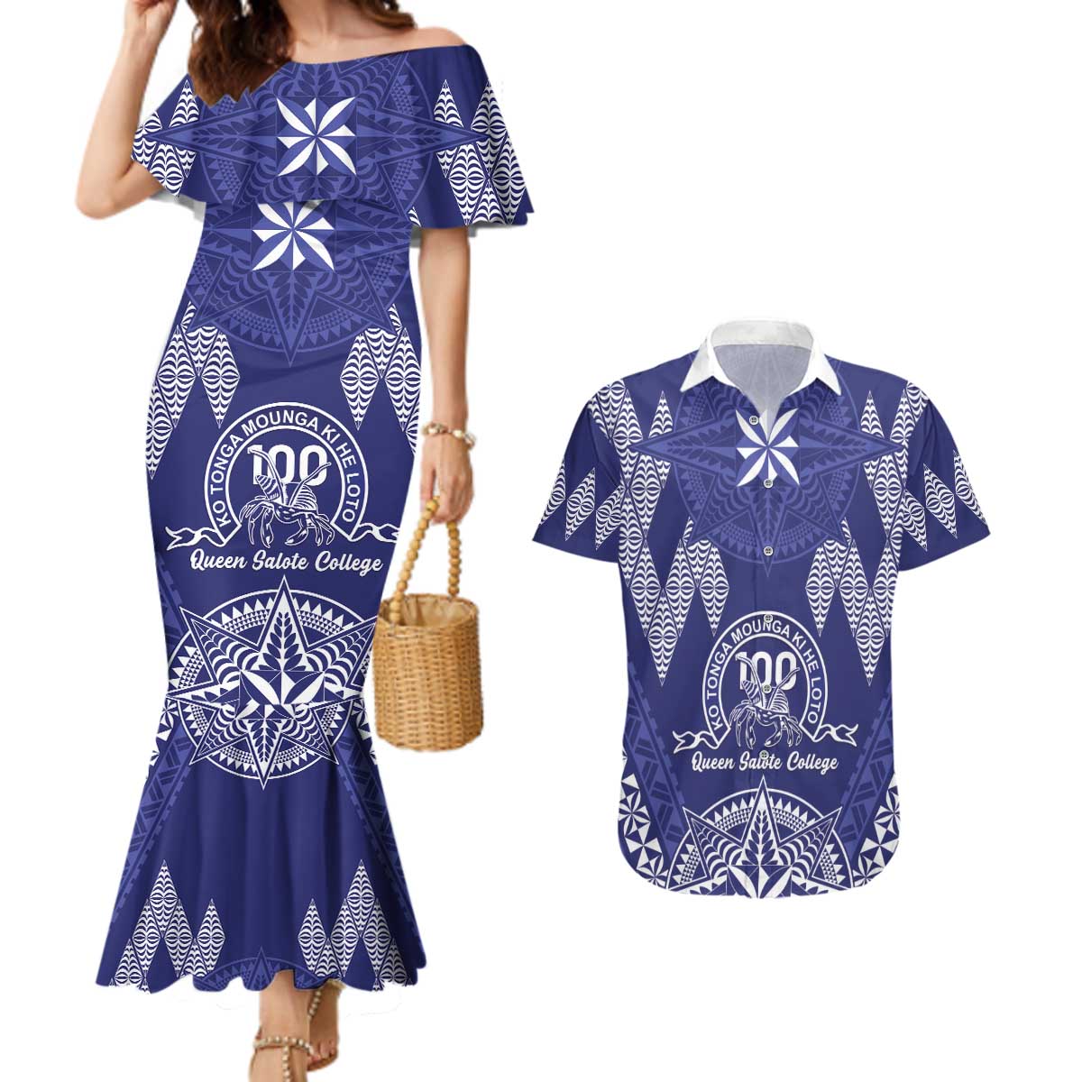 Personalised Queen Salote College Centenary Couples Matching Mermaid Dress and Hawaiian Shirt Tongan Kupesi Pattern - Polynesian Pride
