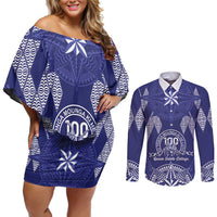 Personalised Queen Salote College Centenary Couples Matching Off Shoulder Short Dress and Long Sleeve Button Shirt Tongan Kupesi Pattern - Polynesian Pride
