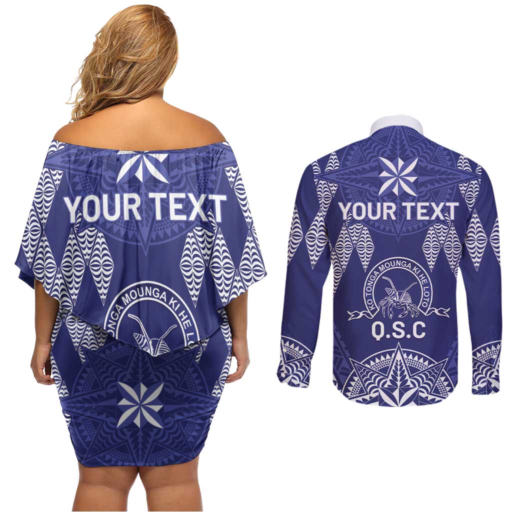 Personalised Queen Salote College Centenary Couples Matching Off Shoulder Short Dress and Long Sleeve Button Shirt Tongan Kupesi Pattern - Polynesian Pride