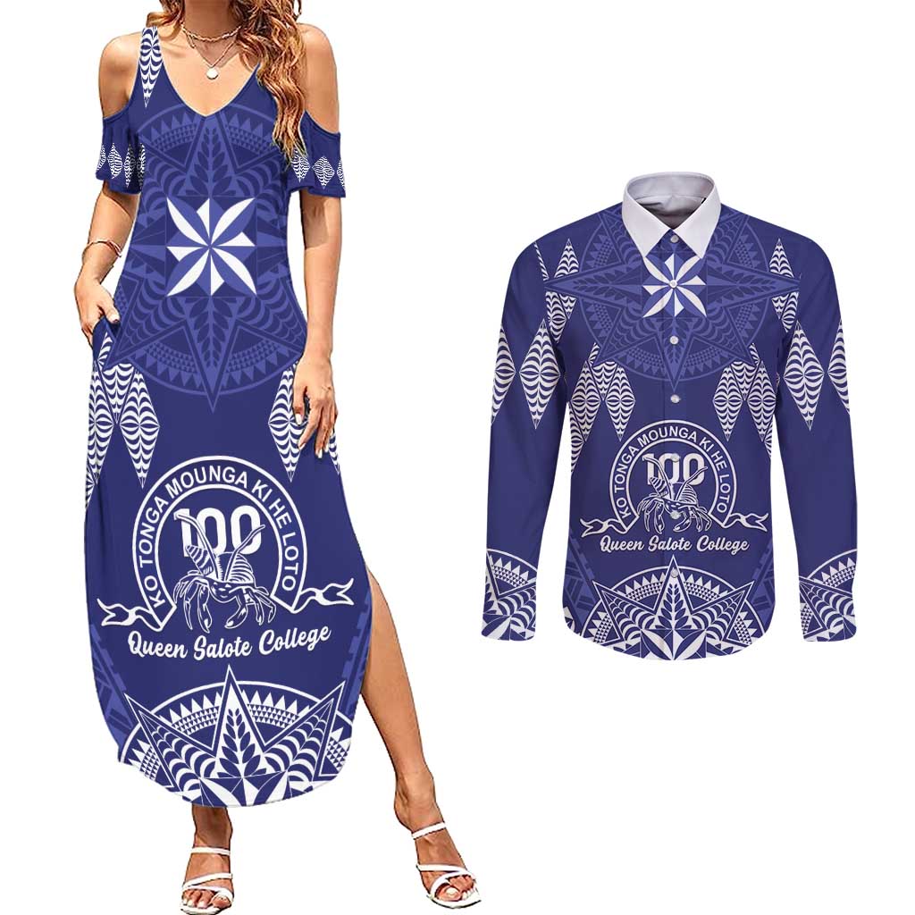 Personalised Queen Salote College Centenary Couples Matching Summer Maxi Dress and Long Sleeve Button Shirt Tongan Kupesi Pattern - Polynesian Pride