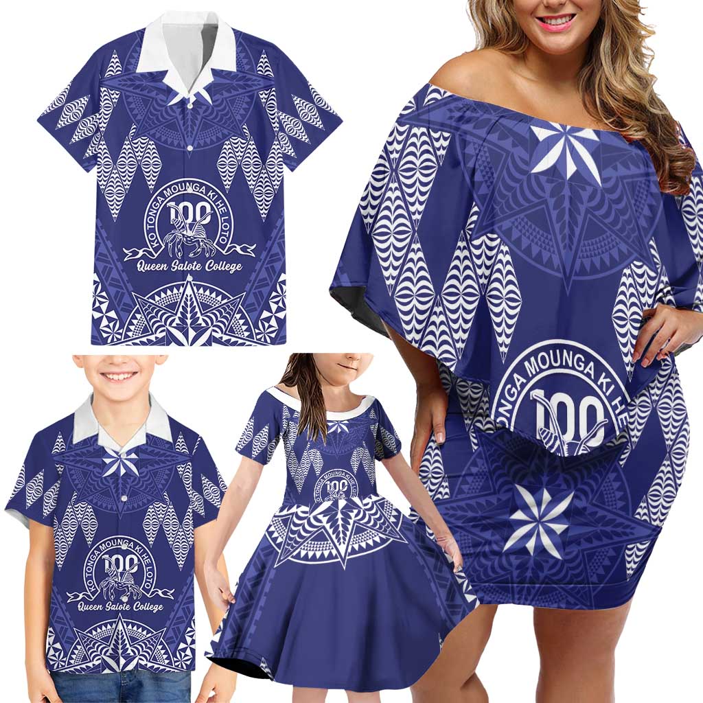 Personalised Queen Salote College Centenary Family Matching Off Shoulder Short Dress and Hawaiian Shirt Tongan Kupesi Pattern - Polynesian Pride