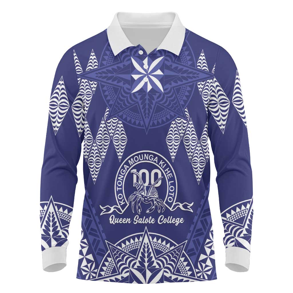Personalised Queen Salote College Centenary Long Sleeve Polo Shirt Tongan Kupesi Pattern - Polynesian Pride