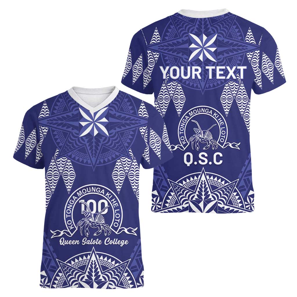Personalised Queen Salote College Centenary Women V-Neck T-Shirt Tongan Kupesi Pattern - Polynesian Pride