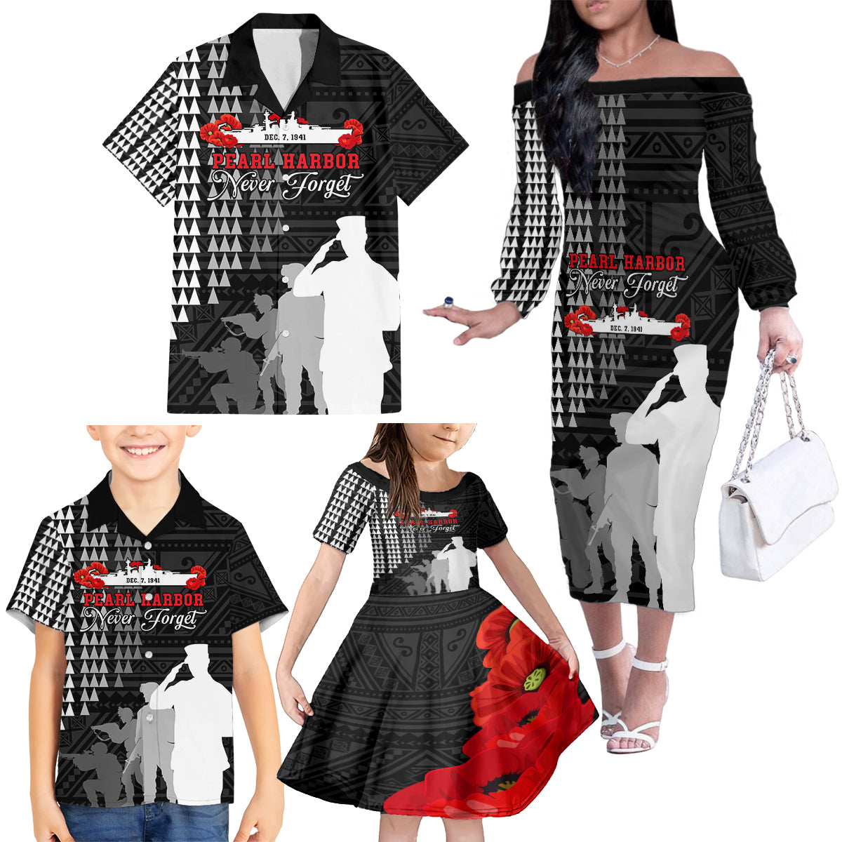 Pearl Harbor Remembrance Day Family Matching Off Shoulder Long Sleeve Dress and Hawaiian Shirt USS Arizona In Memory With Polynesian Pattern LT05 - Polynesian Pride