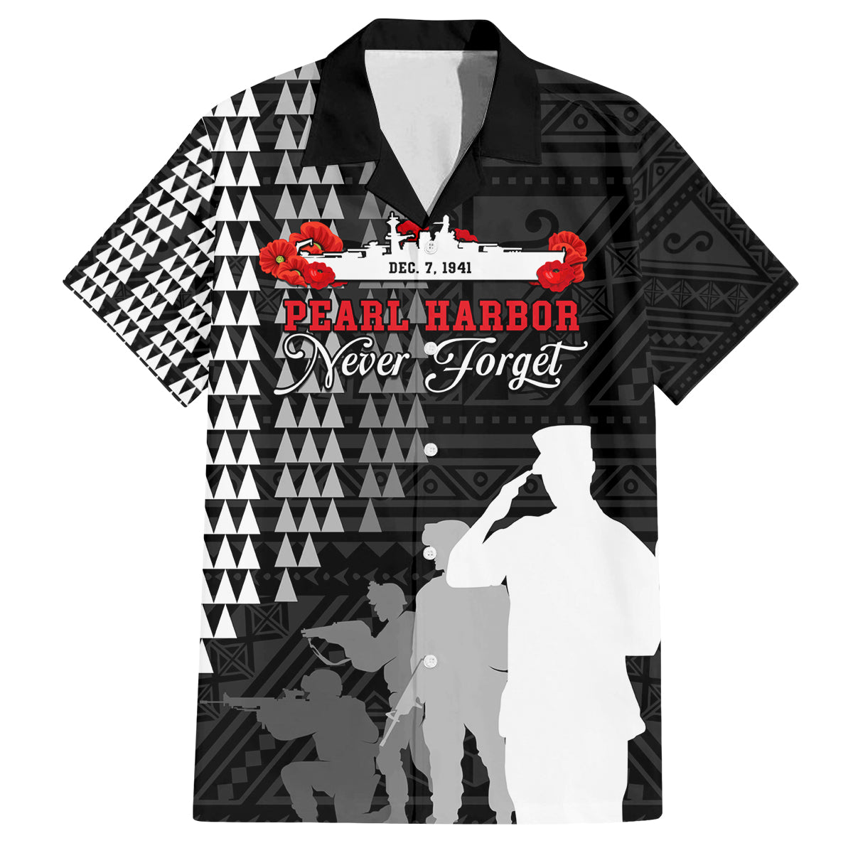 Pearl Harbor Remembrance Day Family Matching Off Shoulder Long Sleeve Dress and Hawaiian Shirt USS Arizona In Memory With Polynesian Pattern LT05 Dad's Shirt - Short Sleeve Black - Polynesian Pride