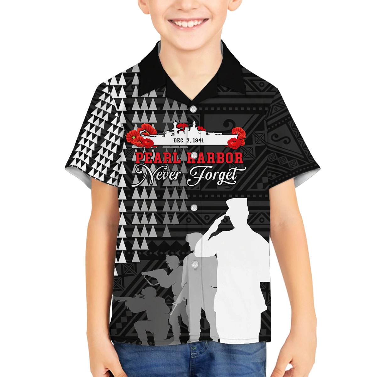 Pearl Harbor Remembrance Day Family Matching Off Shoulder Long Sleeve Dress and Hawaiian Shirt USS Arizona In Memory With Polynesian Pattern LT05 Son's Shirt Black - Polynesian Pride