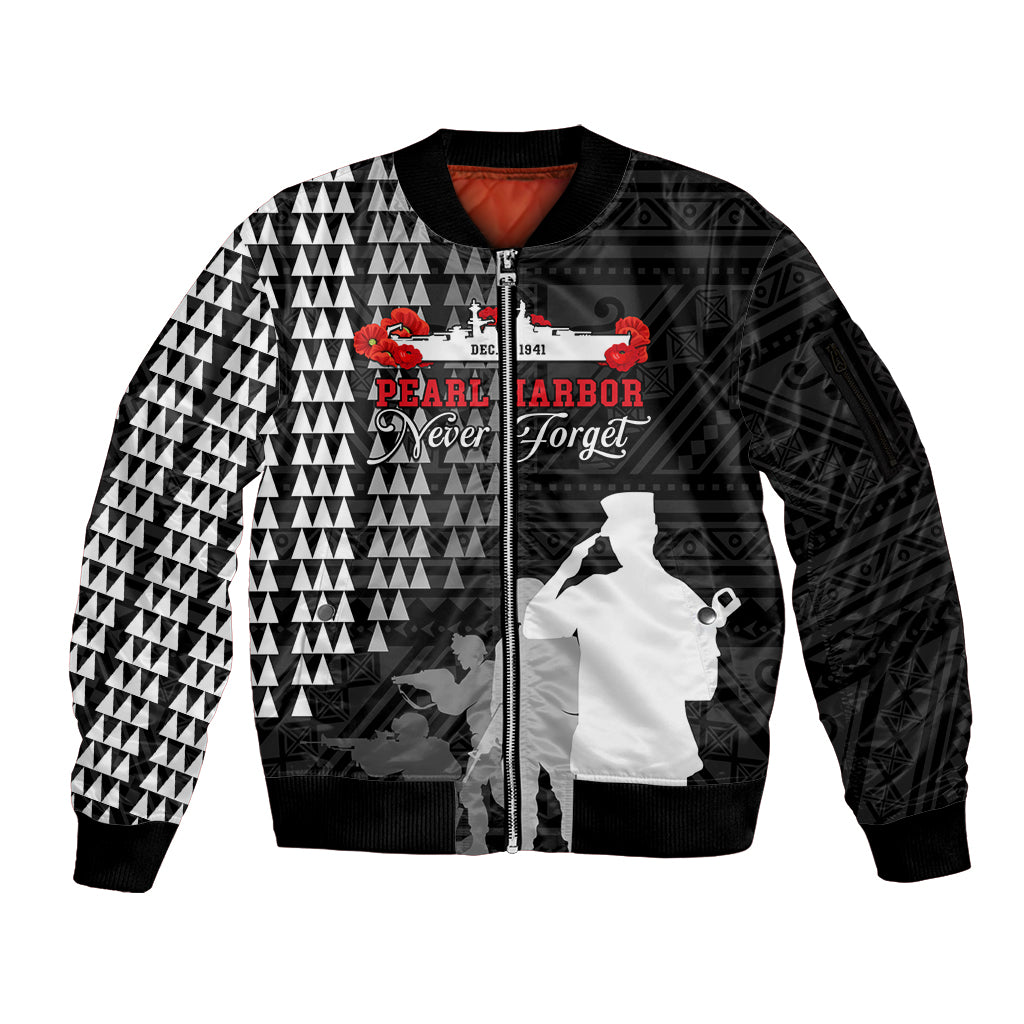 Pearl Harbor Remembrance Day Sleeve Zip Bomber Jacket USS Arizona In Memory With Polynesian Pattern LT05 Unisex Black - Polynesian Pride