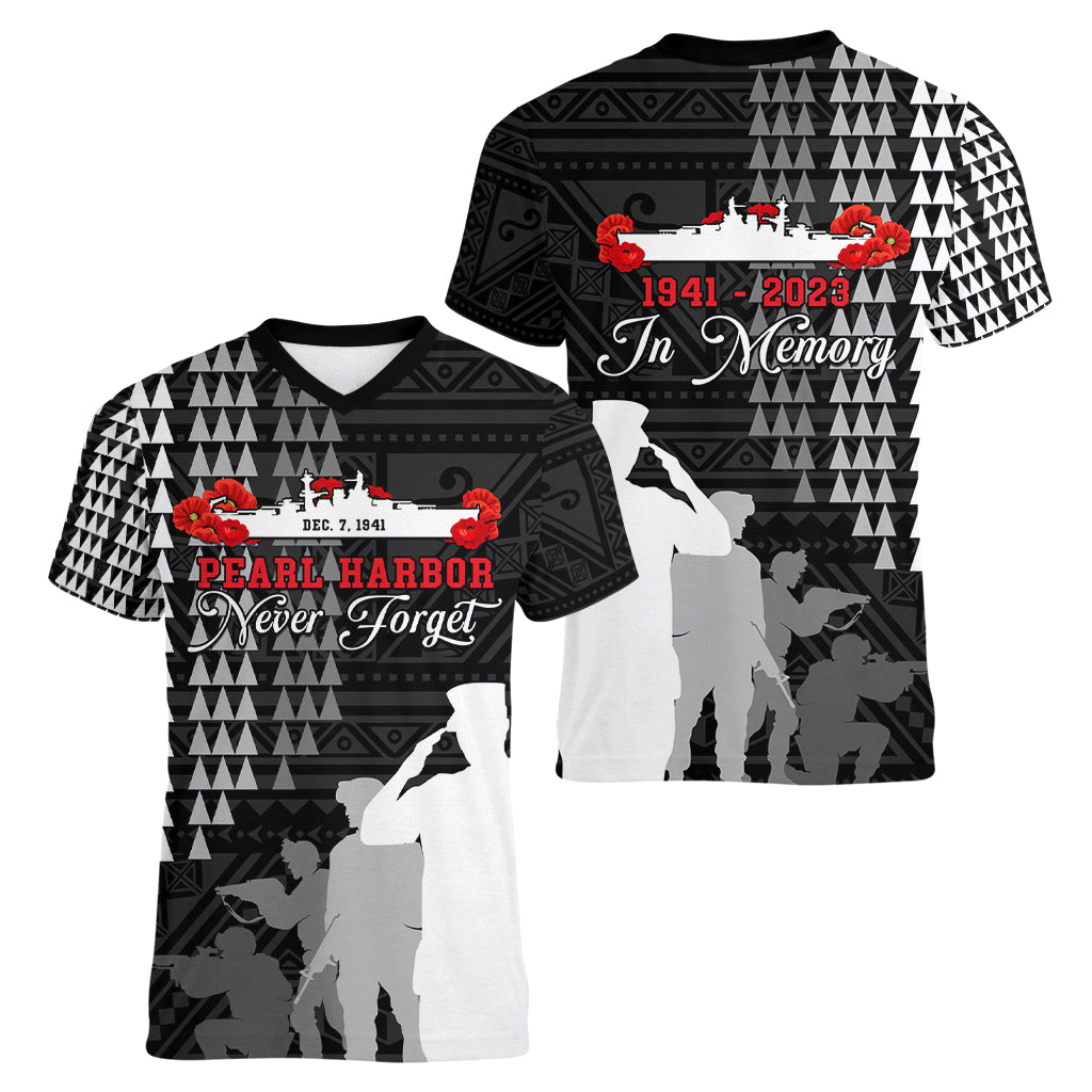 Pearl Harbor Remembrance Day Women V Neck T Shirt USS Arizona In Memory With Polynesian Pattern LT05 - Polynesian Pride