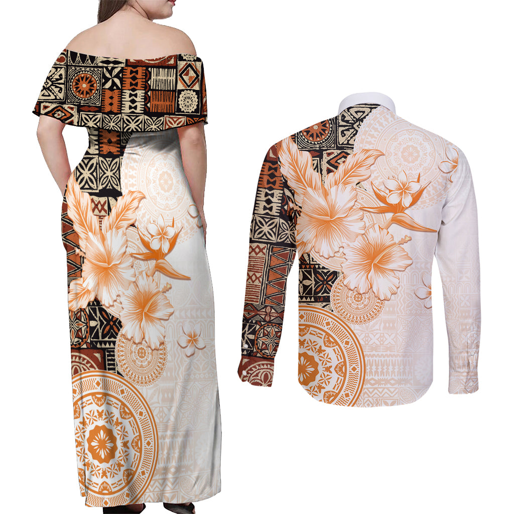 Fiji Couples Matching Off Shoulder Maxi Dress and Long Sleeve Button Shirt Masi Tapa Pattern Brown LT05 - Polynesian Pride