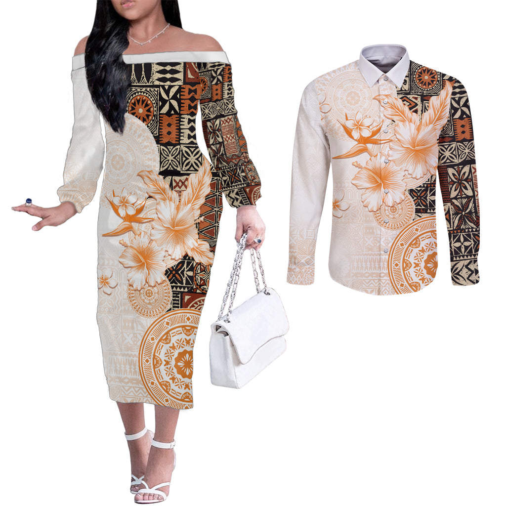 Fiji Couples Matching Off The Shoulder Long Sleeve Dress and Long Sleeve Button Shirt Masi Tapa Pattern Brown LT05 Brown - Polynesian Pride