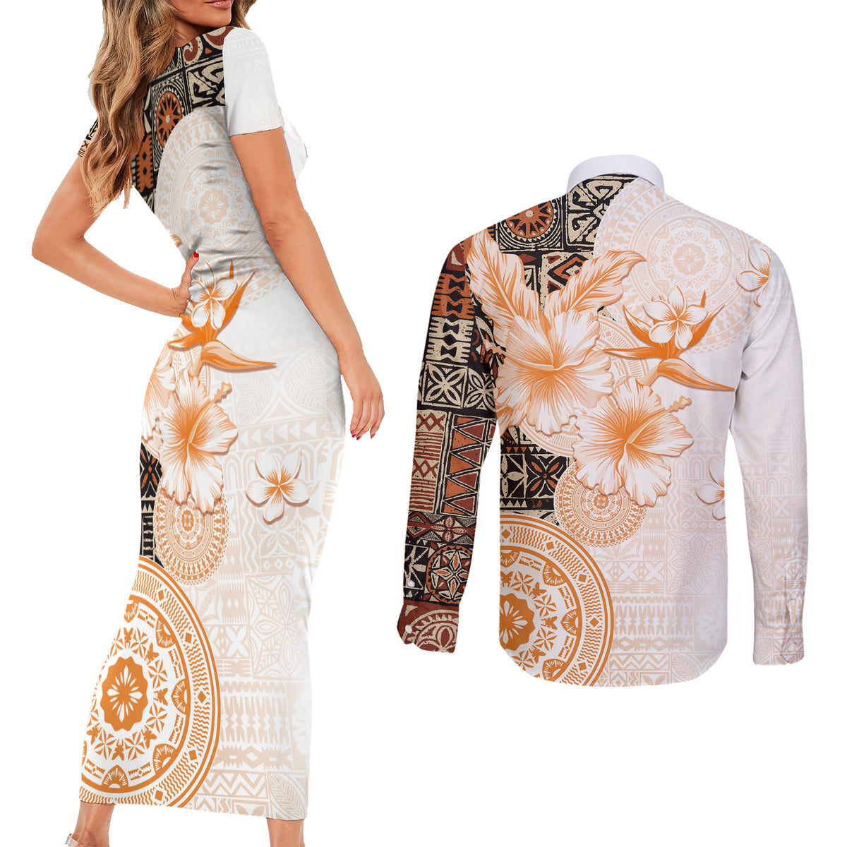 Fiji Couples Matching Short Sleeve Bodycon Dress and Long Sleeve Button Shirt Masi Tapa Pattern Brown LT05 - Polynesian Pride