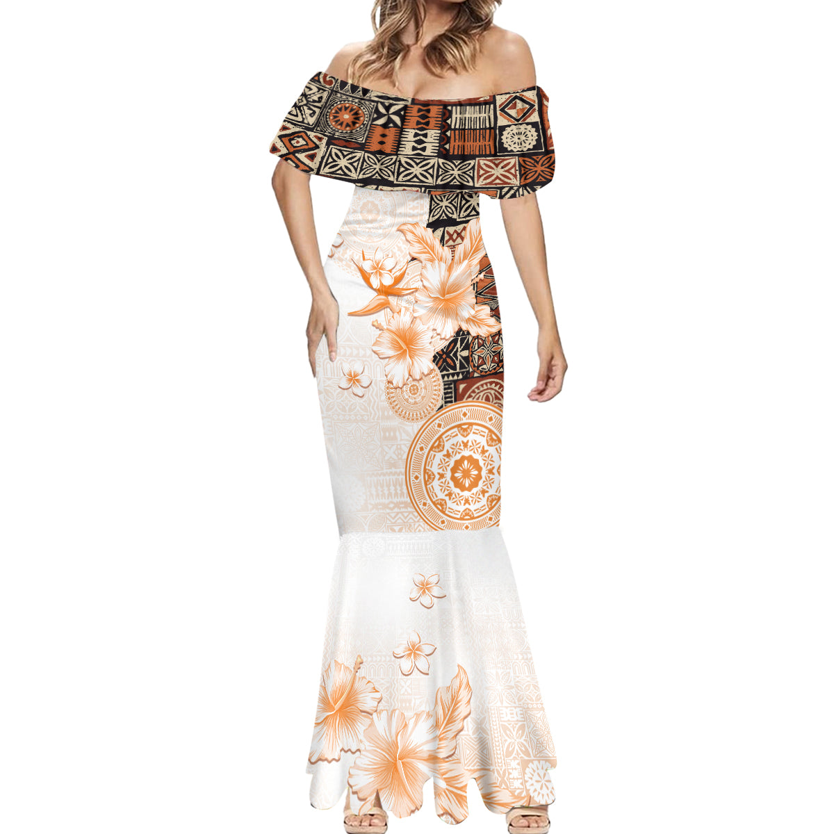 Fiji Mermaid Dress Masi Tapa Pattern Brown LT05 - Polynesian Pride